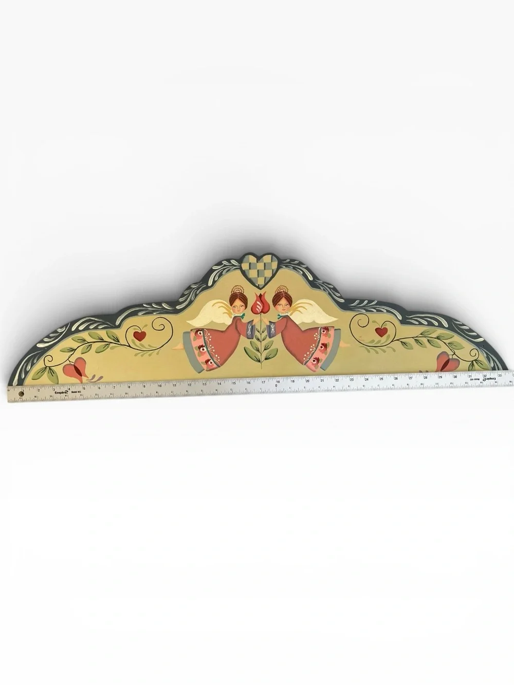 Vintage Folk Art Hand Painted Wooden Door Topper Angels Hearts Cottagecore